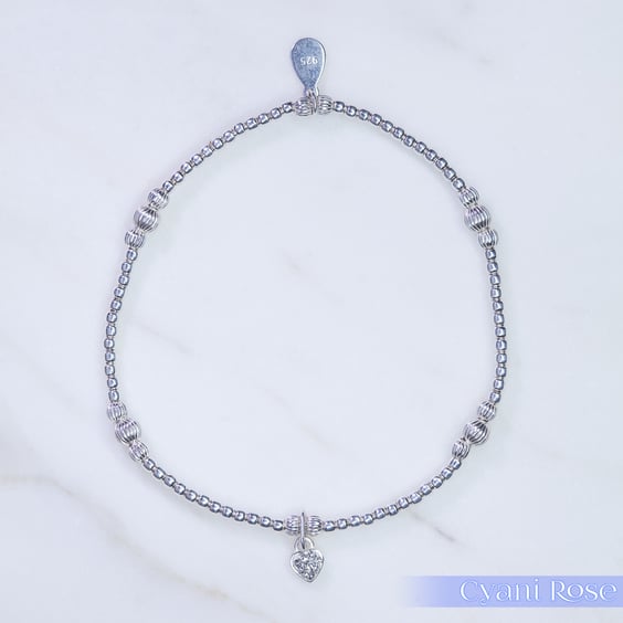Sparkly Heart Charm Bracelet Sterling Silver Dainty Handmade Romantic Stretchy