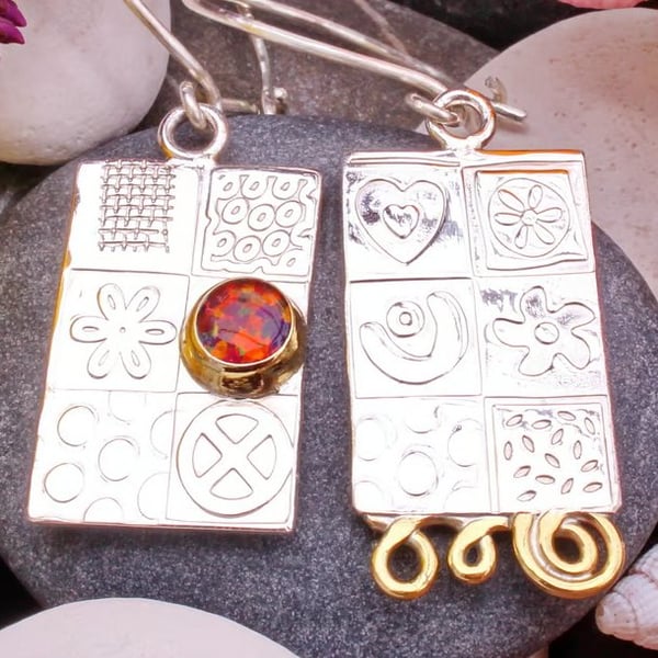 Handmade opal earrings, sterling silver, red opal, asymmetric, gemstone choice
