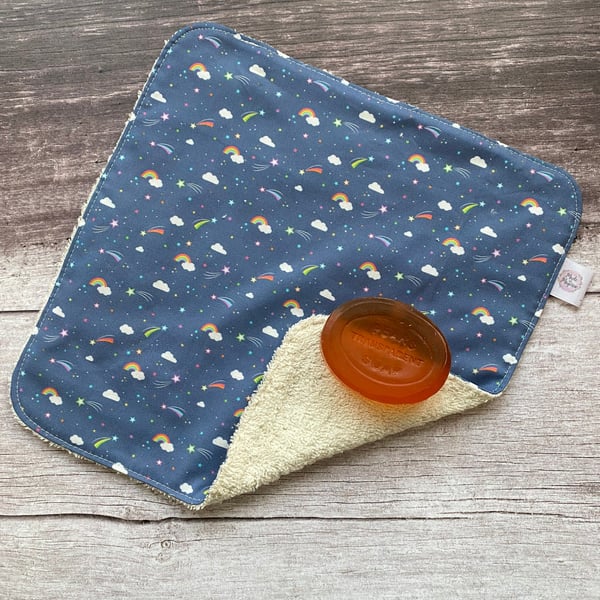 Organic Bamboo Cotton Wash Face Cloth Flannel Navy Rainbow Shooting Star