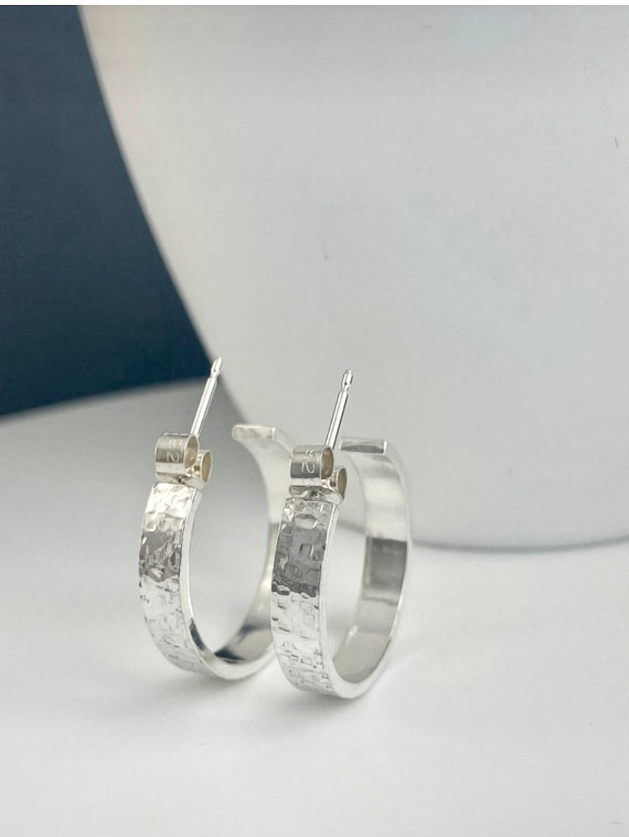 Sterling Silver Chunky Hoop earrings 20mm Hammered-Sparkly 4mm Wide Handmade