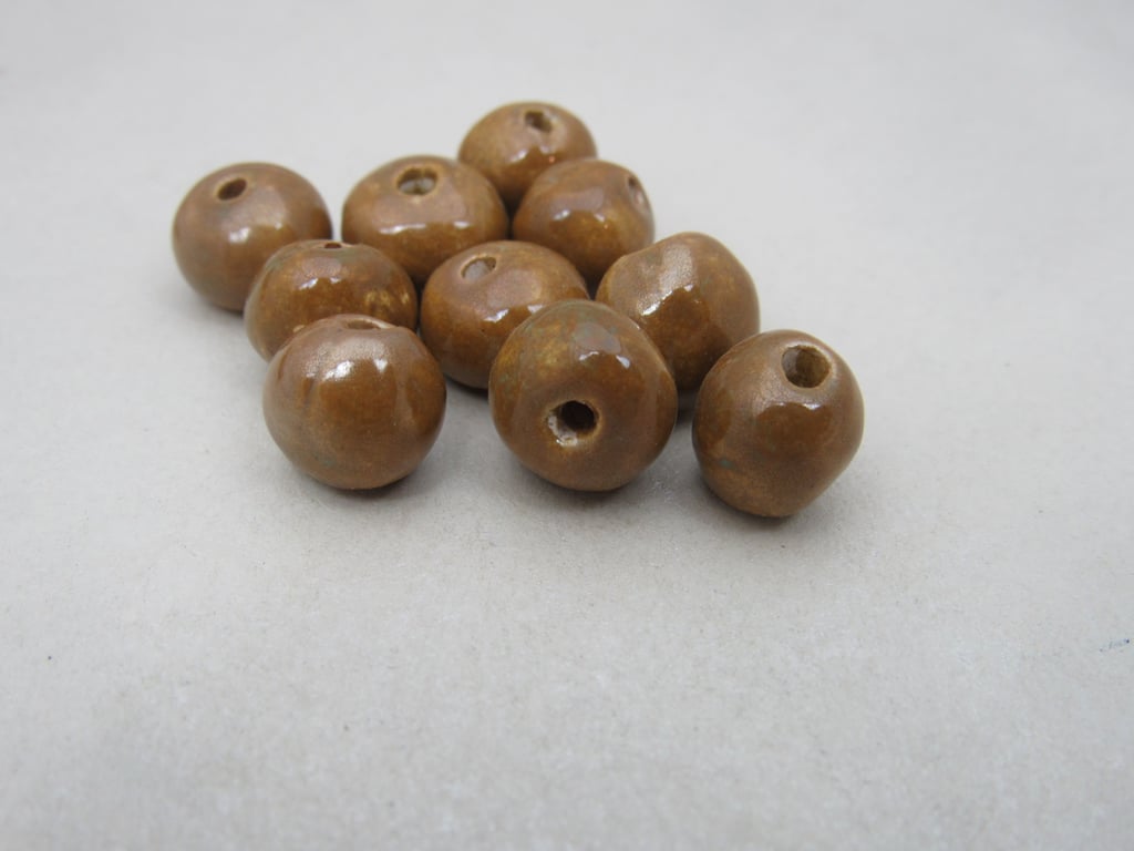 10 Small Grassland Green Brown Glazed Clay Beads