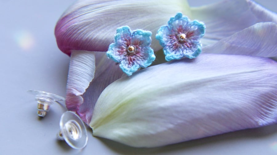 Microcrochet Blue Cherry blossoms Stud Earrings 