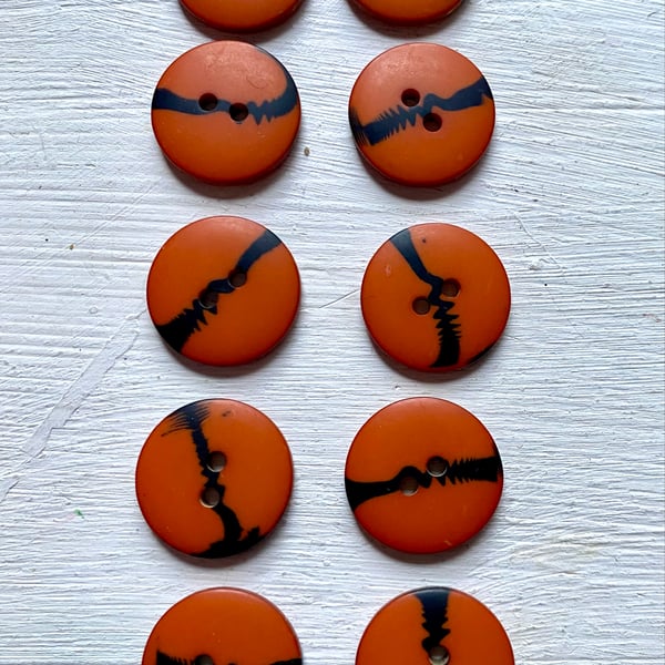 10 vintage buttons, dark orange with horizontal black stripe