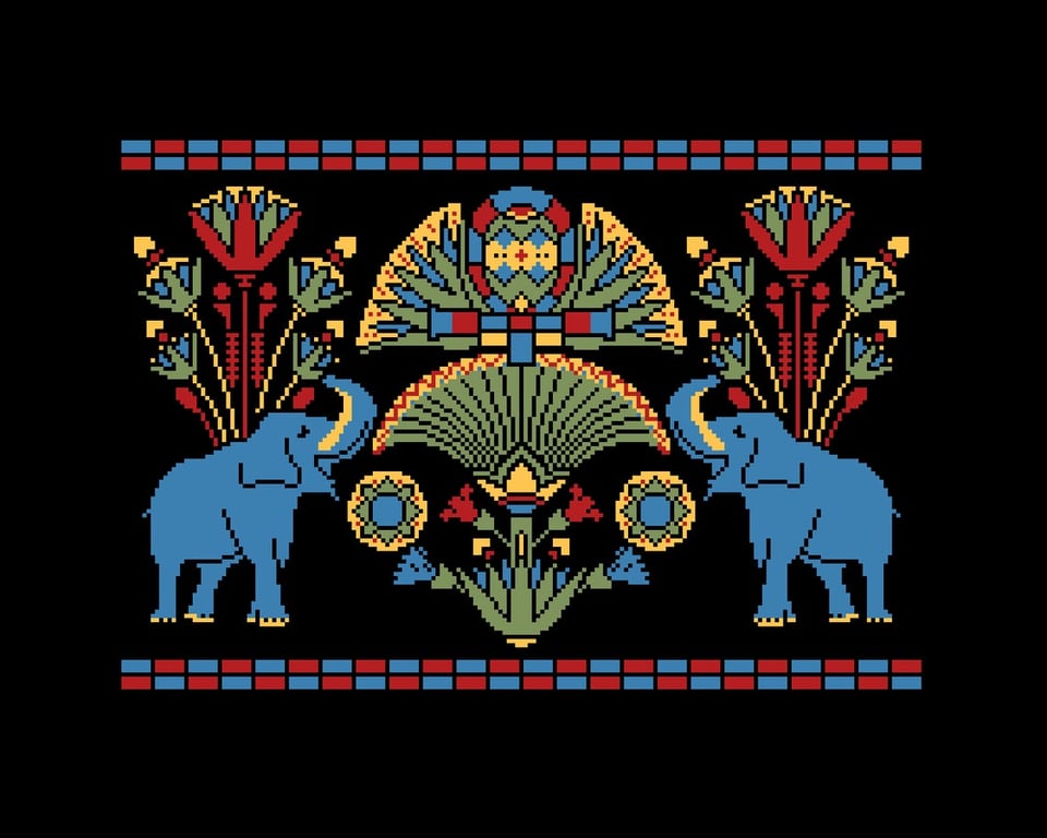 192 - Ethnic Elephants - Symmetric Egyptian-Indian Design - Cross Stitch Pattern
