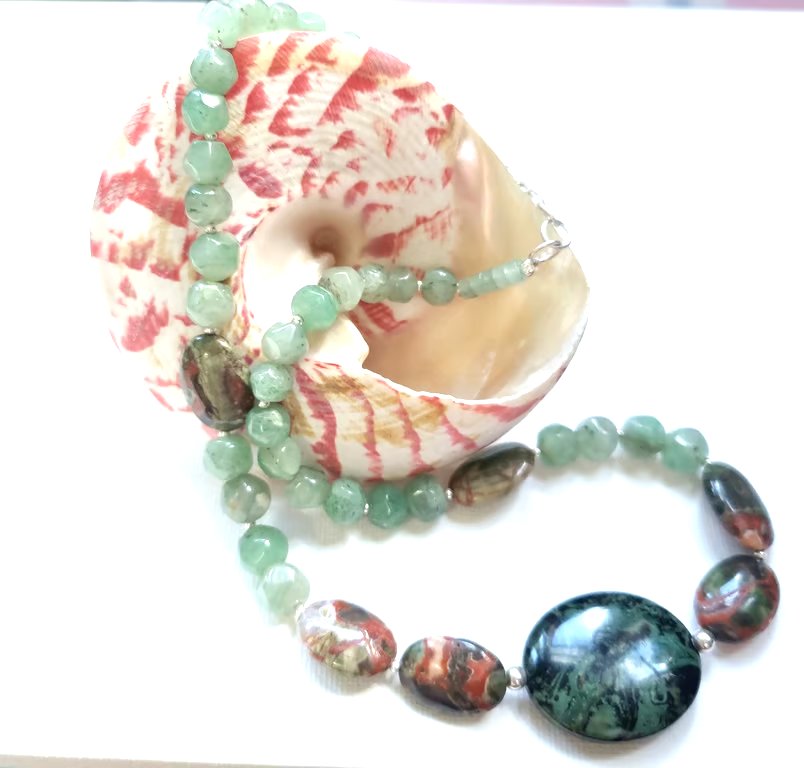 Natural Gemstone Necklace Greens Earth Tones Jasper, Quartz, Sterling Silver
