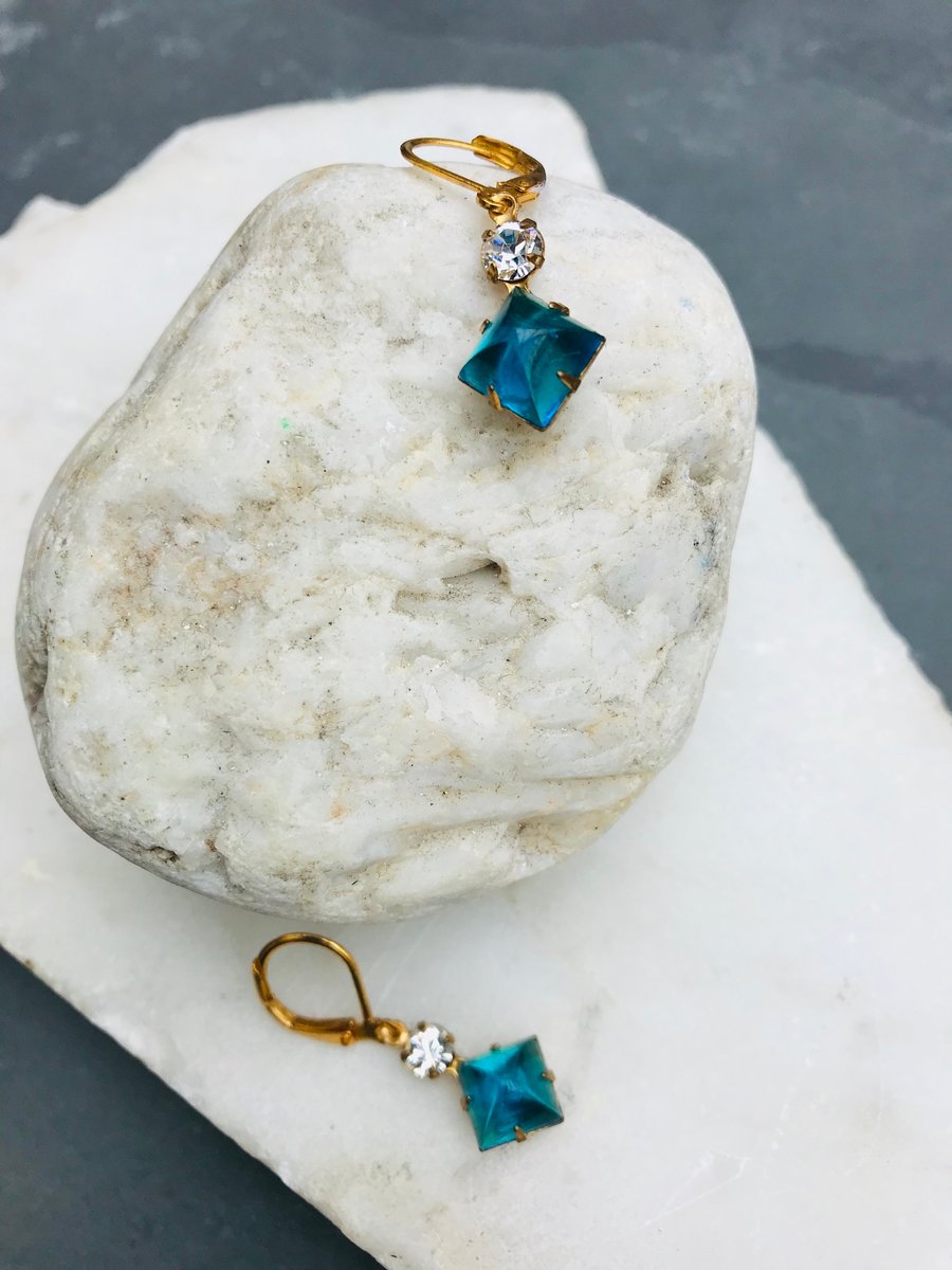 Translucent ocean blue glass square earrings & swarovski crystal 