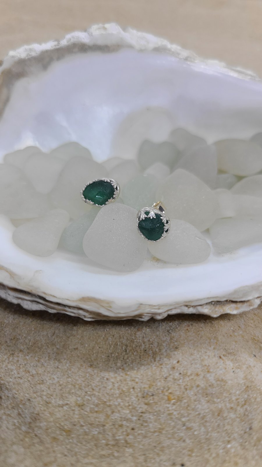 Blue green sea glass and silver studs earrings gift for her SE5