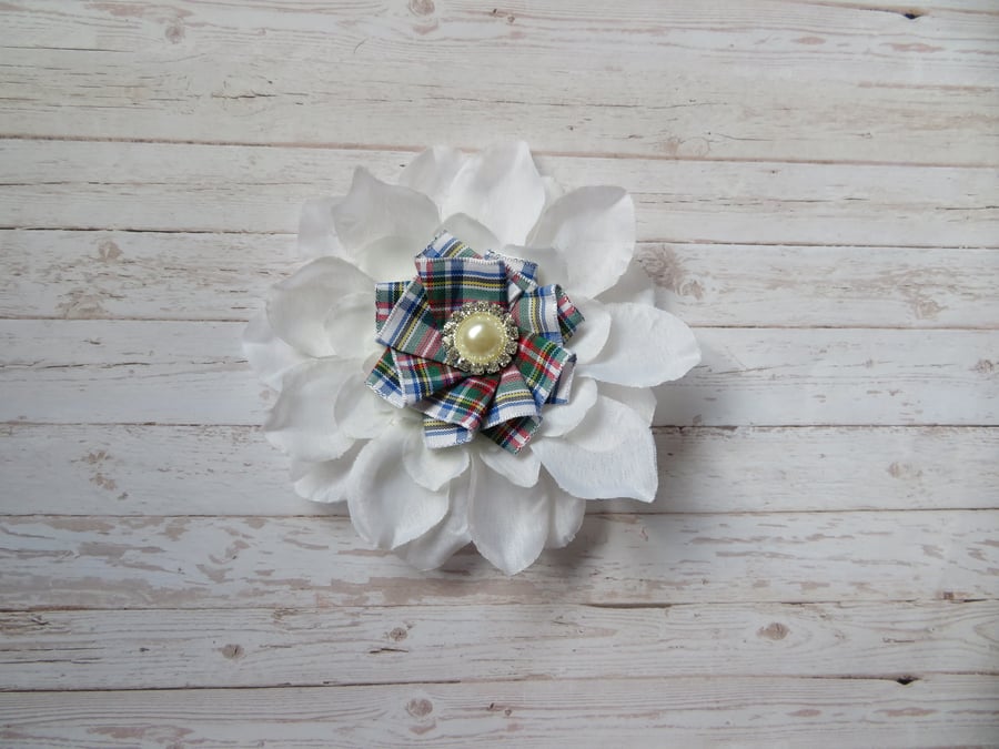 Ivory Dahlia Tartan Plaid Flower Hair Clip Bridal Wedding Vintage Gift