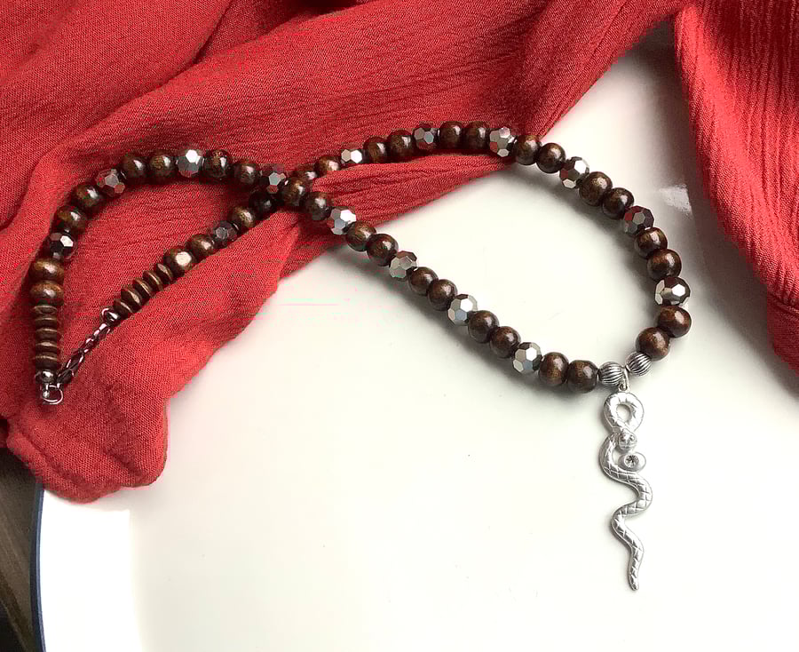 Wooden bead necklaces, boho rustic, snake pendant, ethnic, cottage core