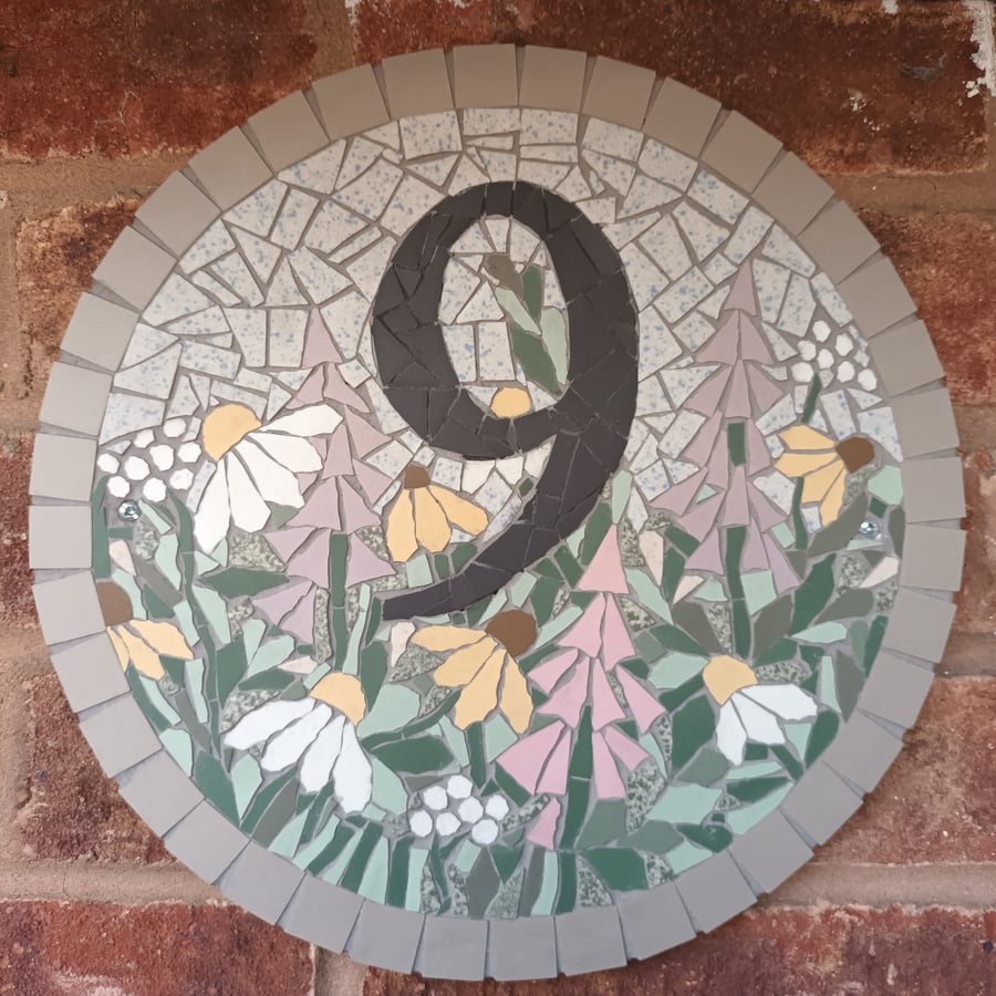 Custom made mosaic meadow wildflower house number plaque sign