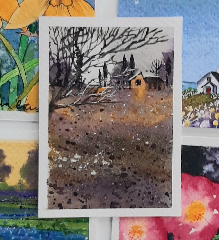 Handpainted ACEO Trading Card Of a Cottage and Landscape