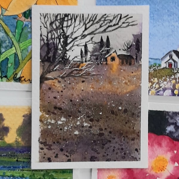 Handpainted ACEO Trading Card Of a Cottage and Landscape