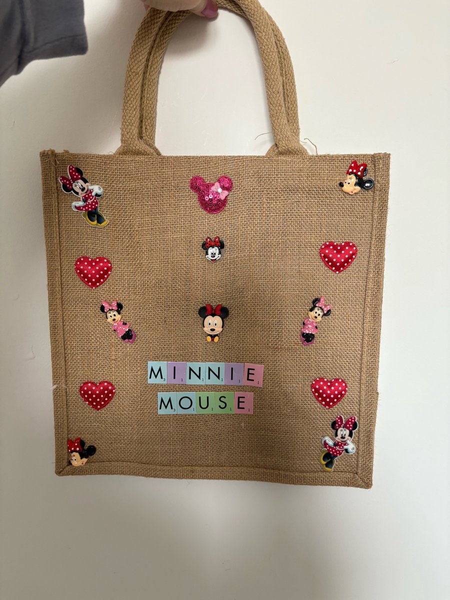 Minnie Mouse jute hand decorated tote bag. 