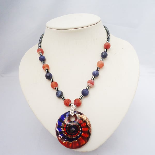 Sodalite, Agate and Hematite Necklace, Necklace with Glass Pendant, Necklace 