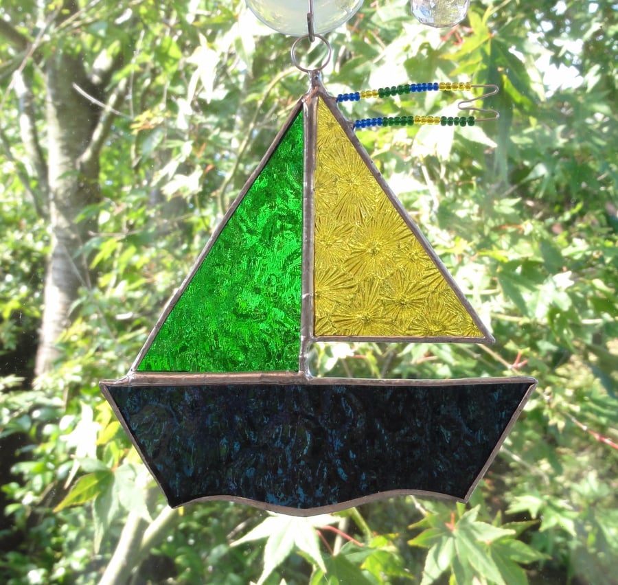 Stained Glass Sail Boat Suncatcher - Handmade Window Decoration -Green and Amber