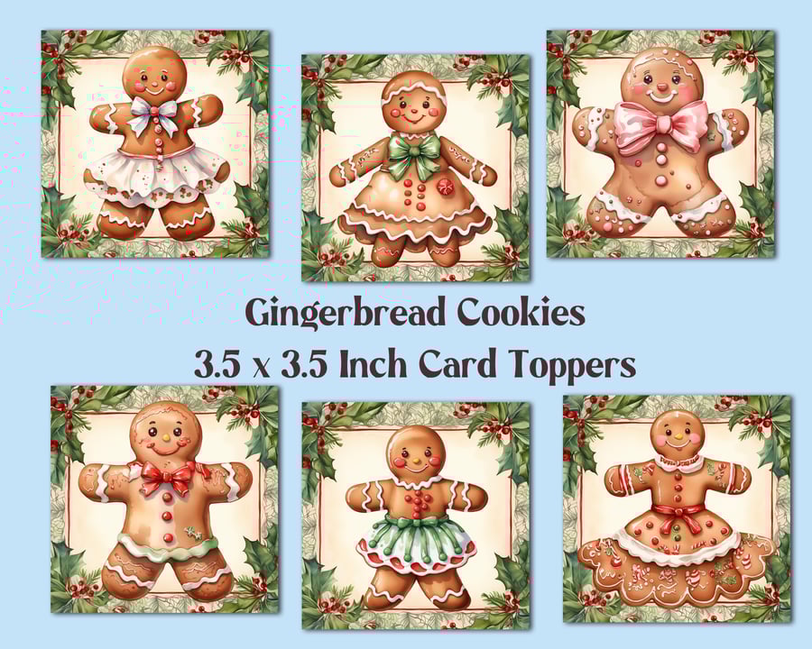  Gingerbread Cookies Set of 6 Square Christmas Card Toppers for Card Making