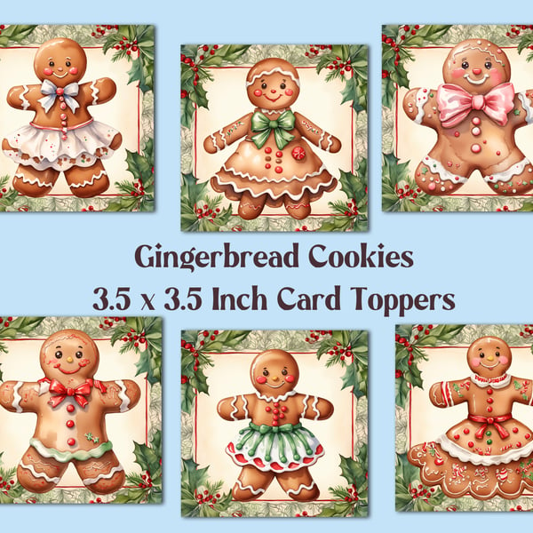  Gingerbread Cookies Set of 6 Square Christmas Card Toppers for Card Making