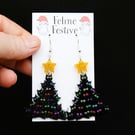 Black Christmas Tree Earrings with Rainbow Cat Eyes and Glitter Stars