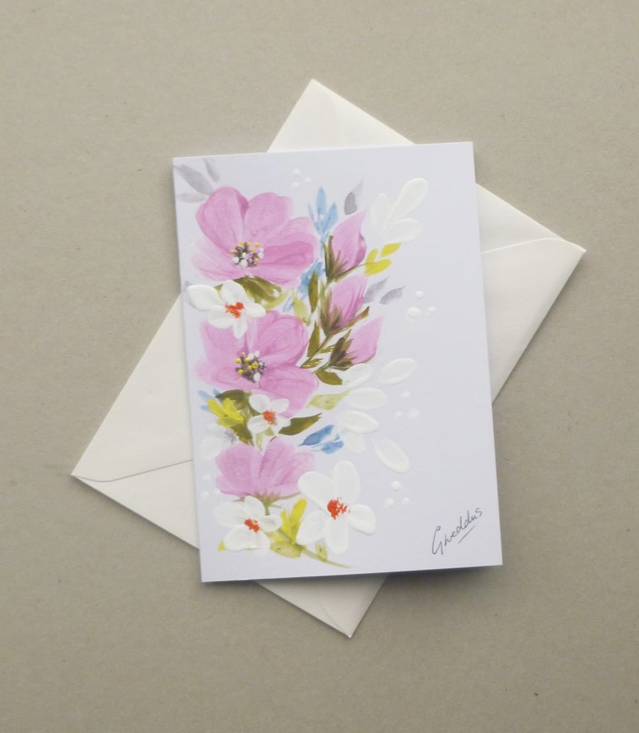 hand painted floral blank greetings card ( ref F 887 K5 )
