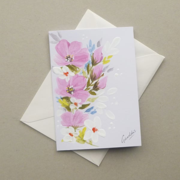 hand painted floral blank greetings card ( ref F 887 K5 )