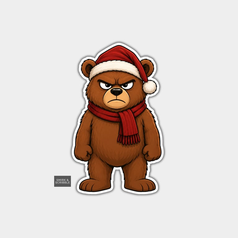 Funny Christmas Sticker Vinyl Xmas Decal For Adults - Grumpy Brown Bear Standing