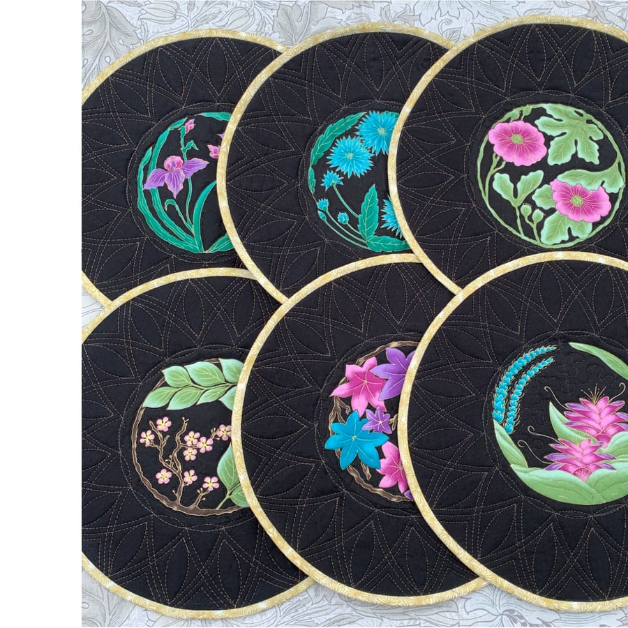 Floribunda: set of six quilted fabric placemats, with slipcase 