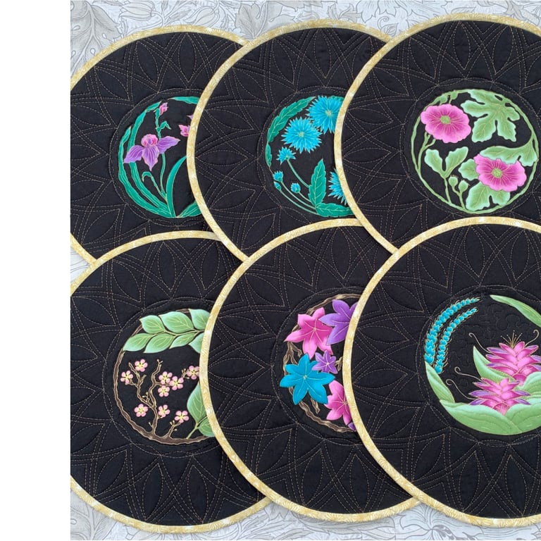 Floribunda: set of six quilted fabric placemats, with slipcase 