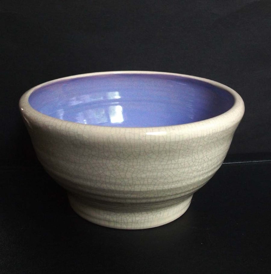 Small ceramic hand thrown crackle bowl with bright interior