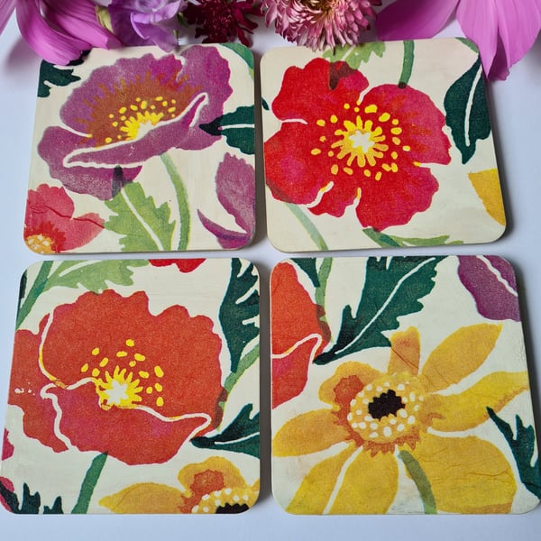 4 wooden coasters Emma Bridgewater cosmos and poppies design housewarming