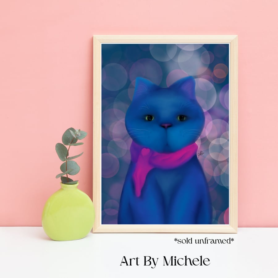 Blue Whimsy Cat Art Print, Hand-Drawn Illustration
