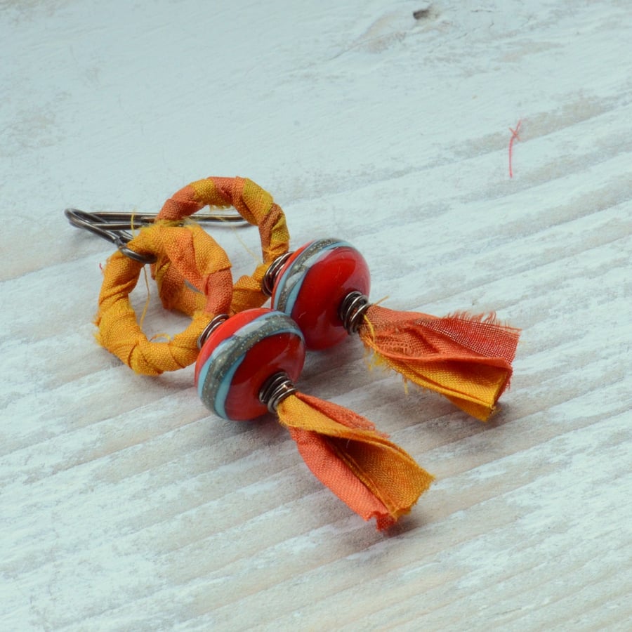 Orange Red Sari Ribbon with Red and Turquoise Lampwork Glass Earrings