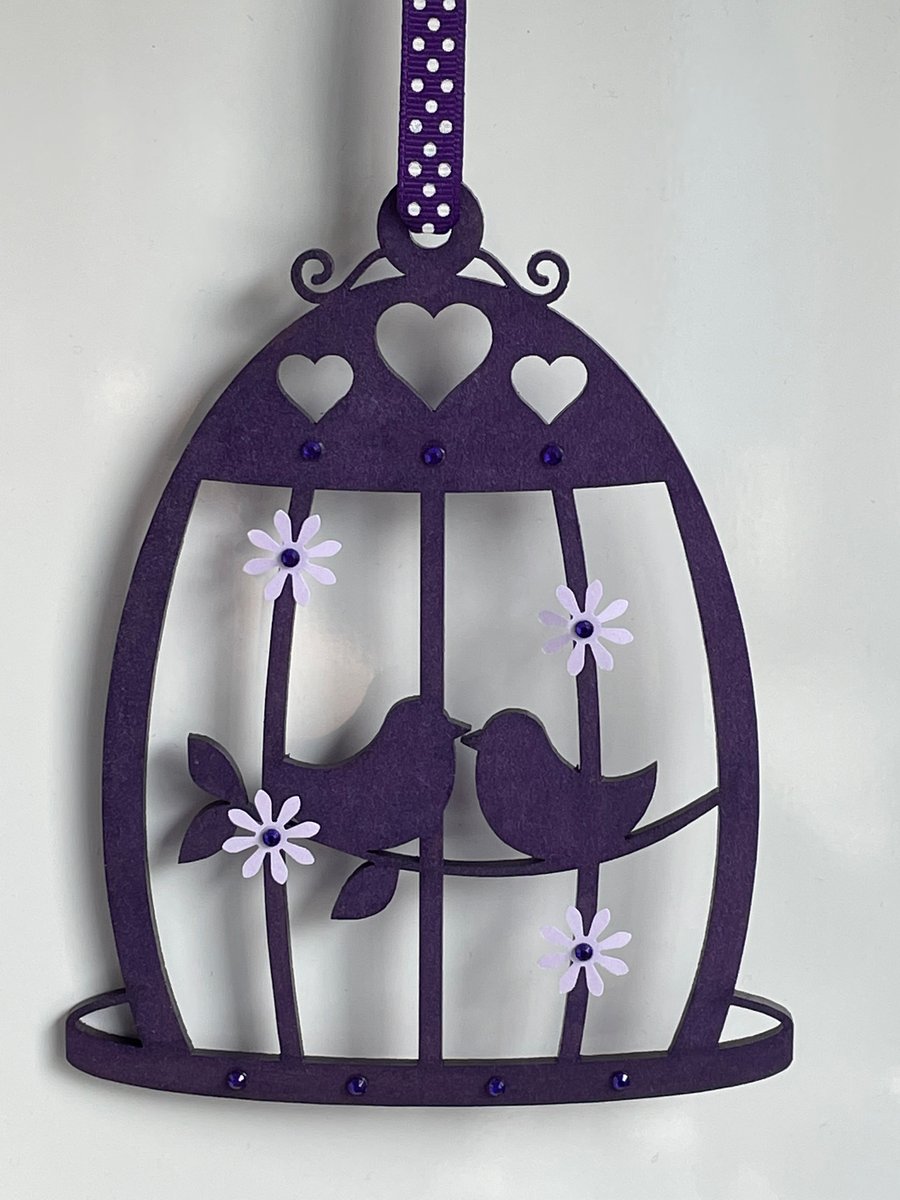 Hanging MDF Birdcage Decoration in Purple