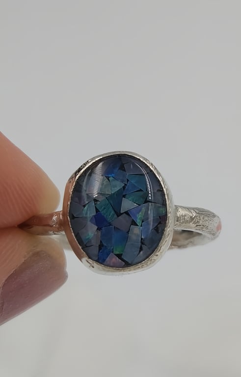 Hand-Forged Opal Mosaic Ring in Molten Textured Sterling Silver - Size O