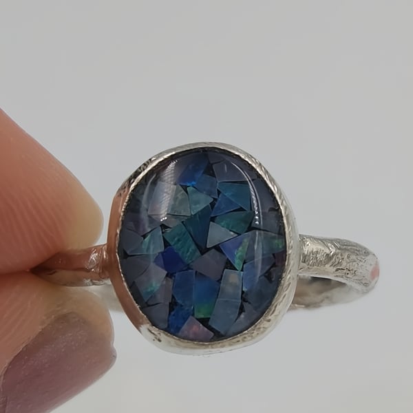 Hand-Forged Opal Mosaic Ring in Molten Textured Sterling Silver - Size O