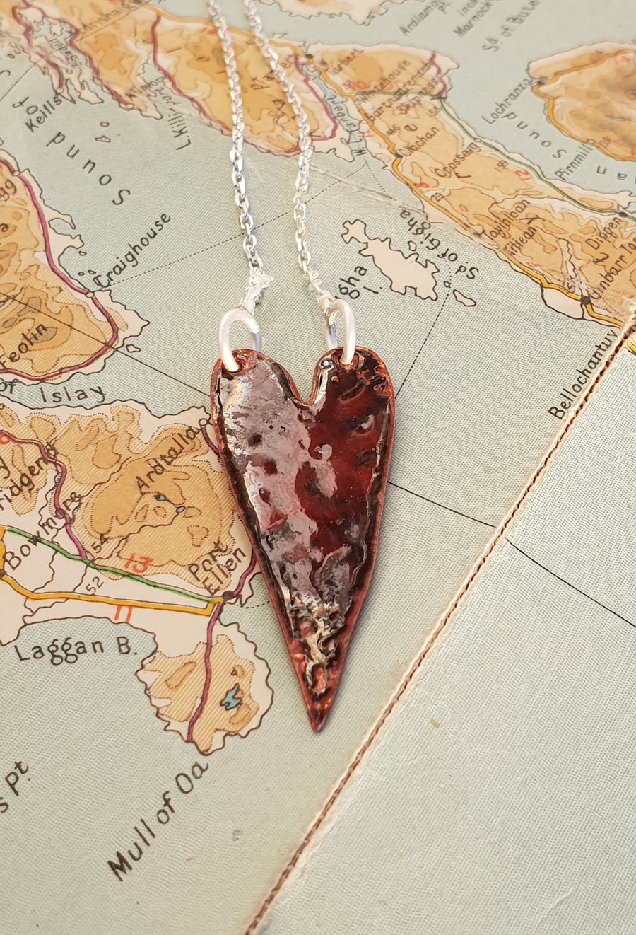 Red enamel heart pendant necklace raku fired