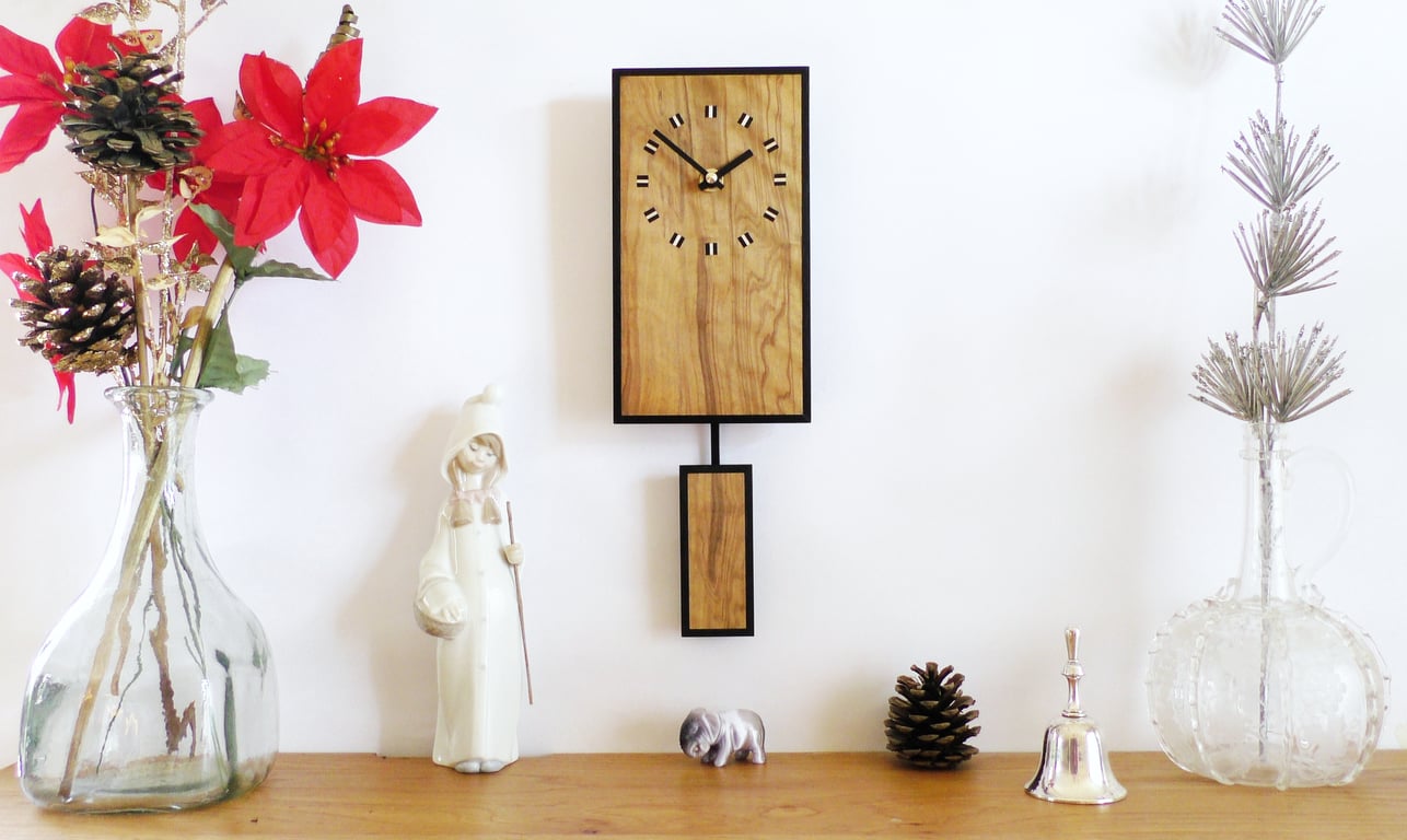 Rectangular Pendulum Wall Clock in Olive Wood and Old Ebony with Inlaid Squares