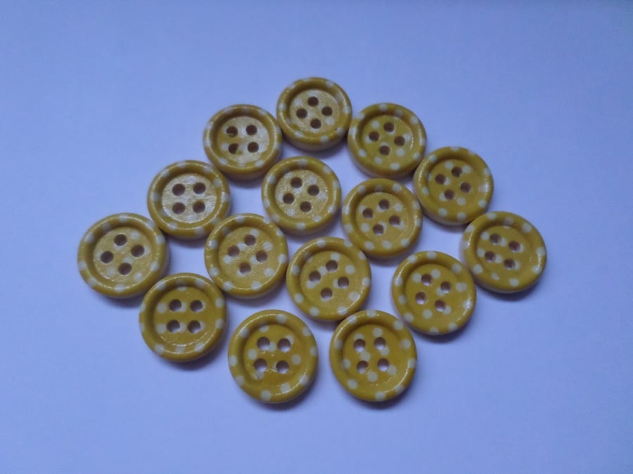 15 x 4-Hole Printed Wooden Buttons - Round - 15mm - Polka Dot - Yellow 
