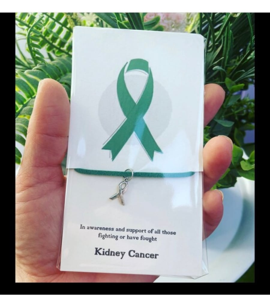 Kidney cancer green ribbon charm corded wish bracelet gift awareness and support