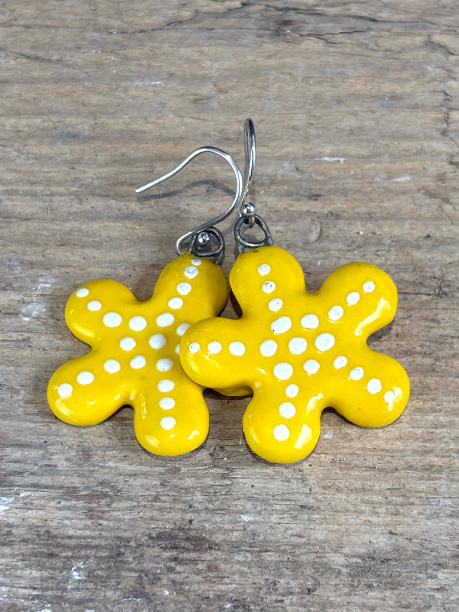 Glazed Ceramic Flowers on Sterling Silver Earring Hook Wires