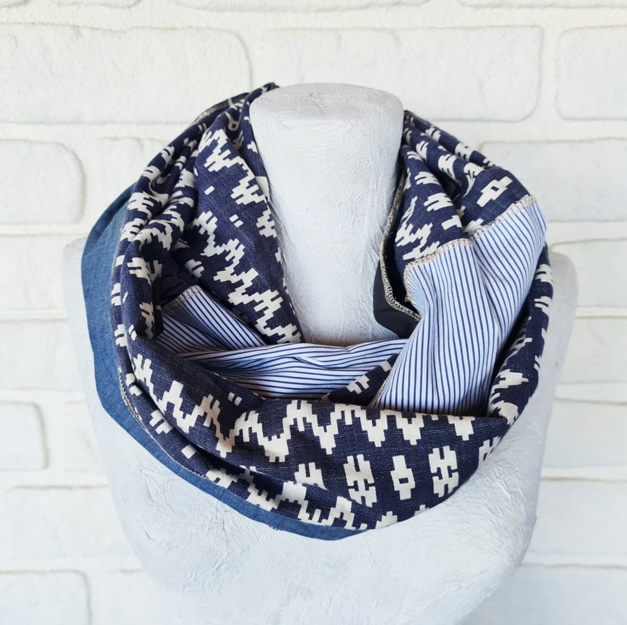 Denim Blue Ethnic Cotton Fabrics Patch Infinity Recycled Scarf - Spring shawl