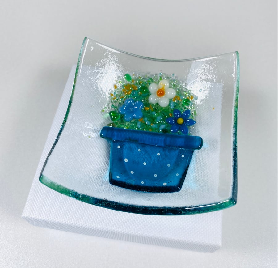 Fused glass flower pot trinket dish 