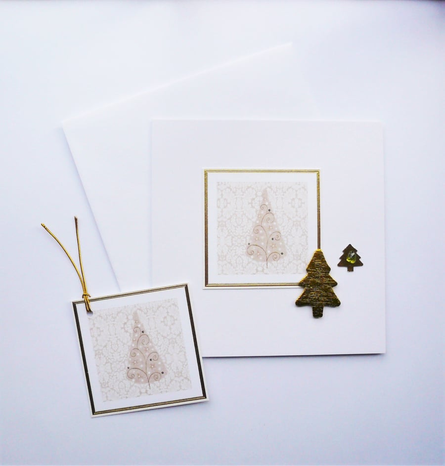 Christmas Tree Sea Glass Embellished Christmas Card and Gift Tag