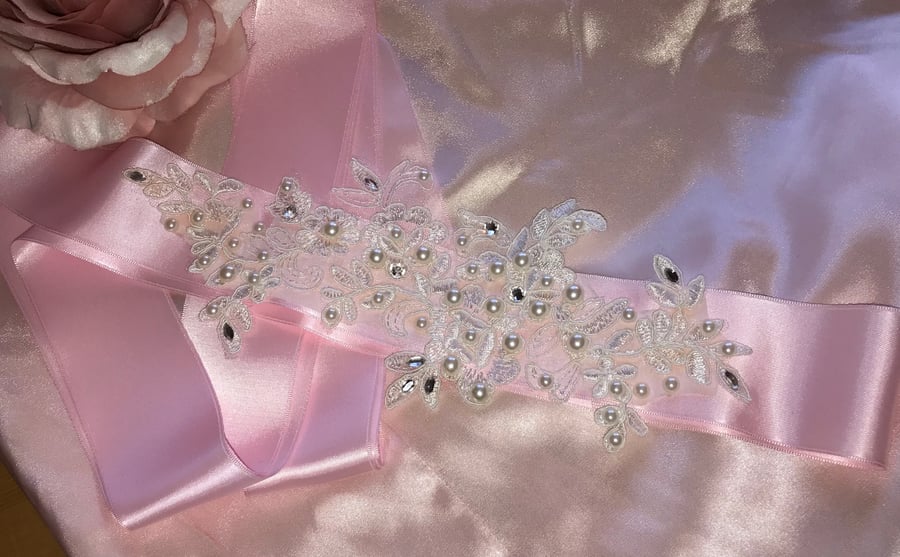 SALE! Pink Satin and Lace Bridal Sash Belt SALE!