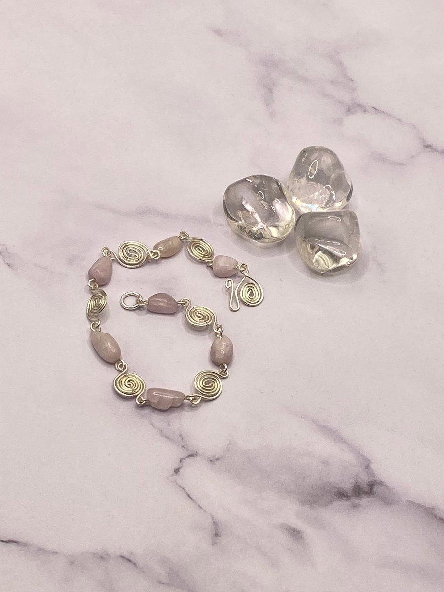 Kunzite nugget bracelet with silver plated spiral connectors