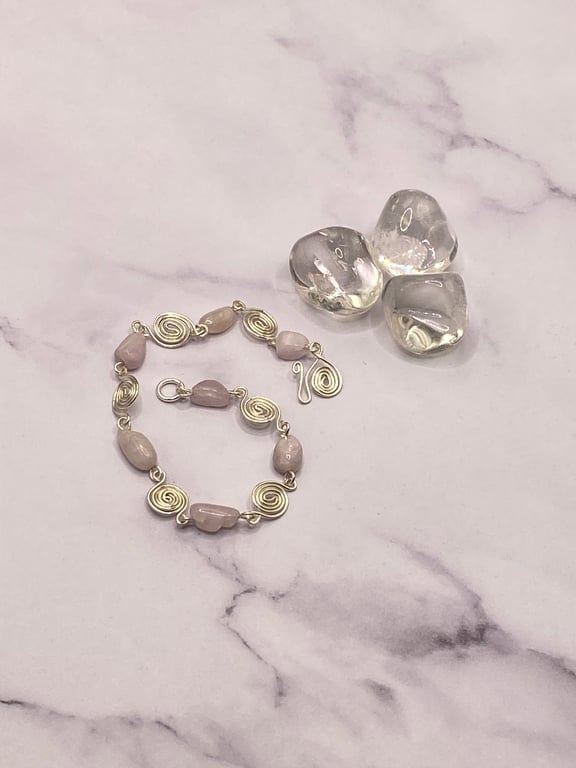 Kunzite nugget bracelet with silver plated spiral connectors