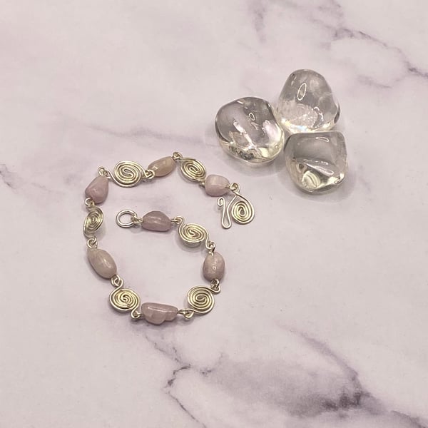 Kunzite nugget bracelet with silver plated spiral connectors