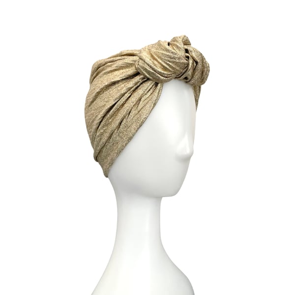 Golden Metallic Knit Jersey Front Knot Turban Hat, Festive Christmas and Party 