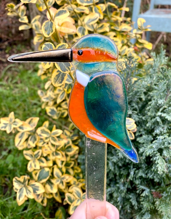Fused glass iridescent kingfisher garden stake plant pot decoration sun catcher 