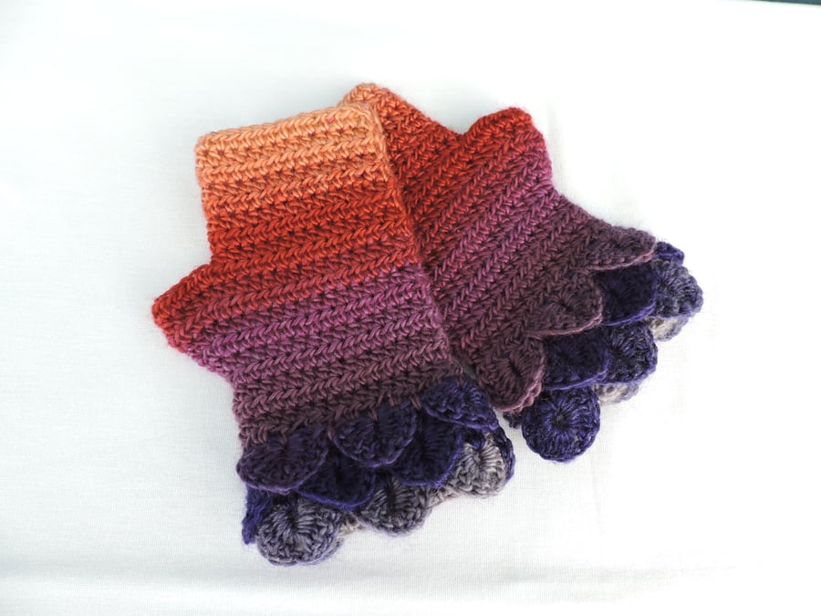 Fingerless Mitts Dragon Scale Cuffs  Purple Plum Magenta Red Tangerine