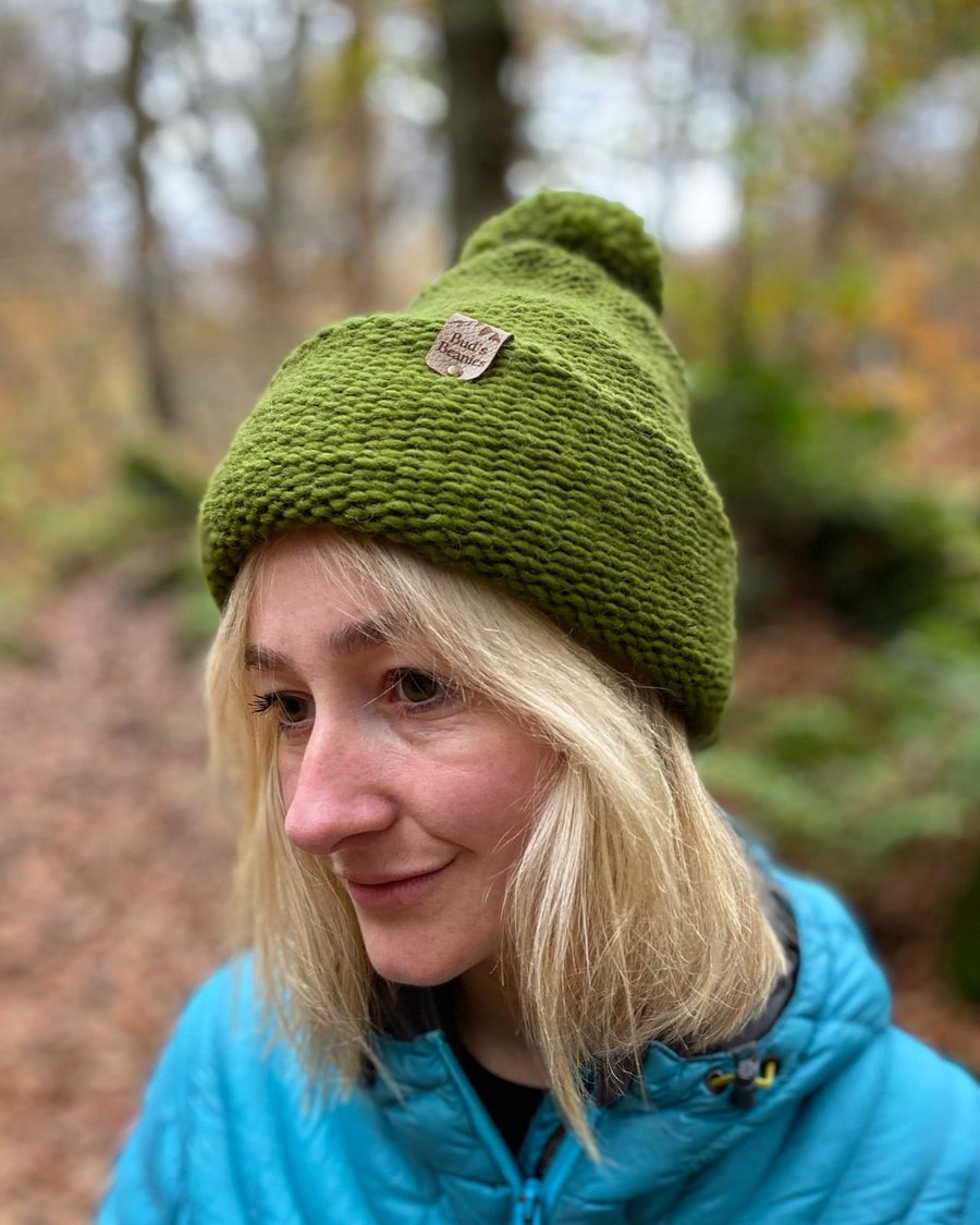Bobble style beanie hat in MossGreen wool (unisex)